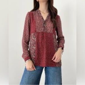 Zara Blouse Burgundy Floral Mixed Media Buttoned Pleated Pullover Top Medium